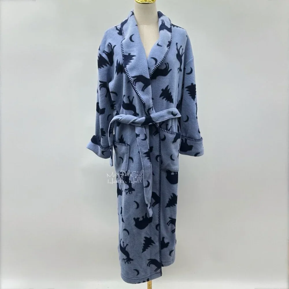 Amanda Stewart Country Blue Forest Animals Fleece Robe with Belt - Picture 3 of 9